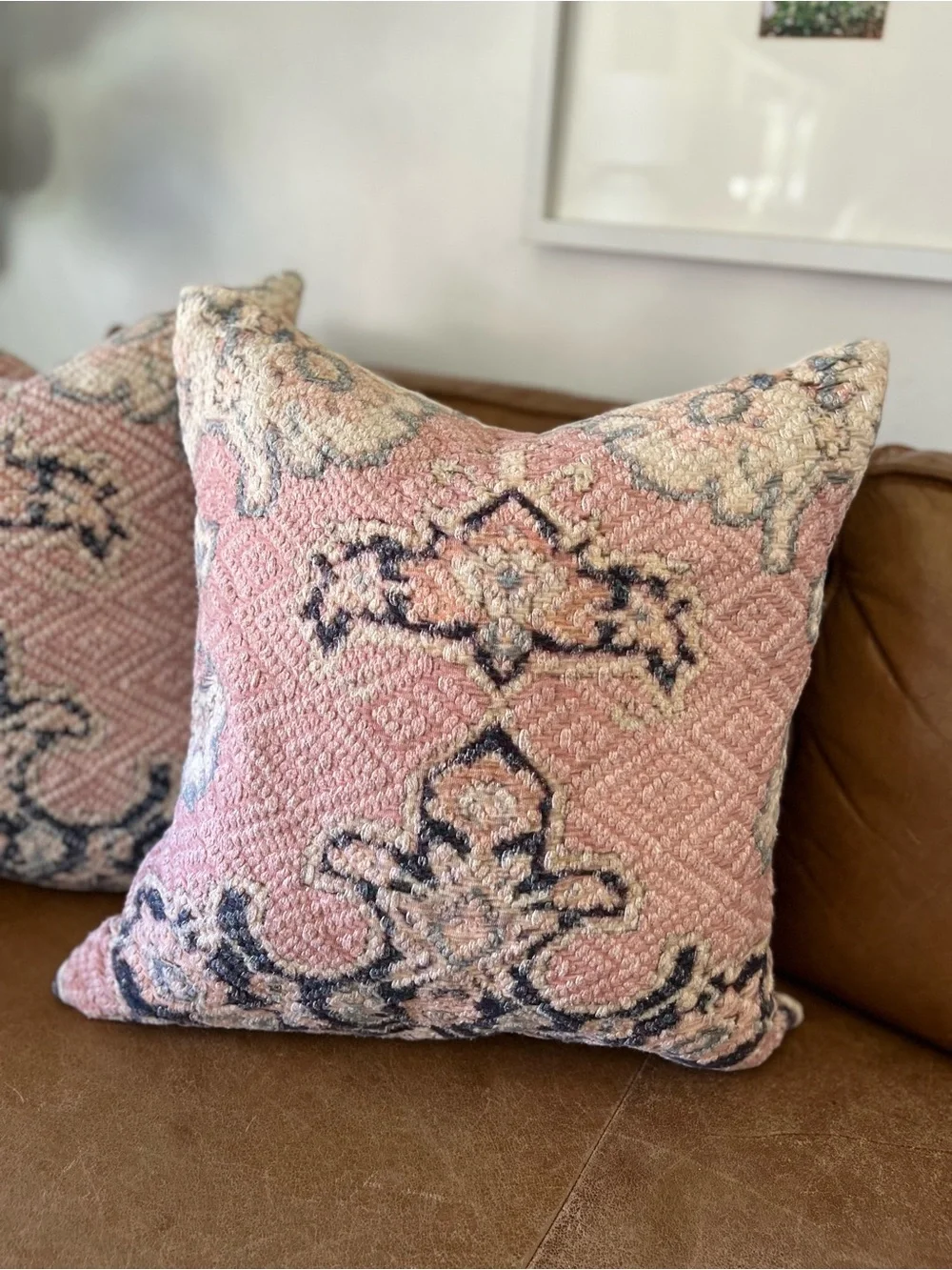 Pair of Pottery Barn Valari Pillow Covers Pink and Navy Kilim Medallion Pattern